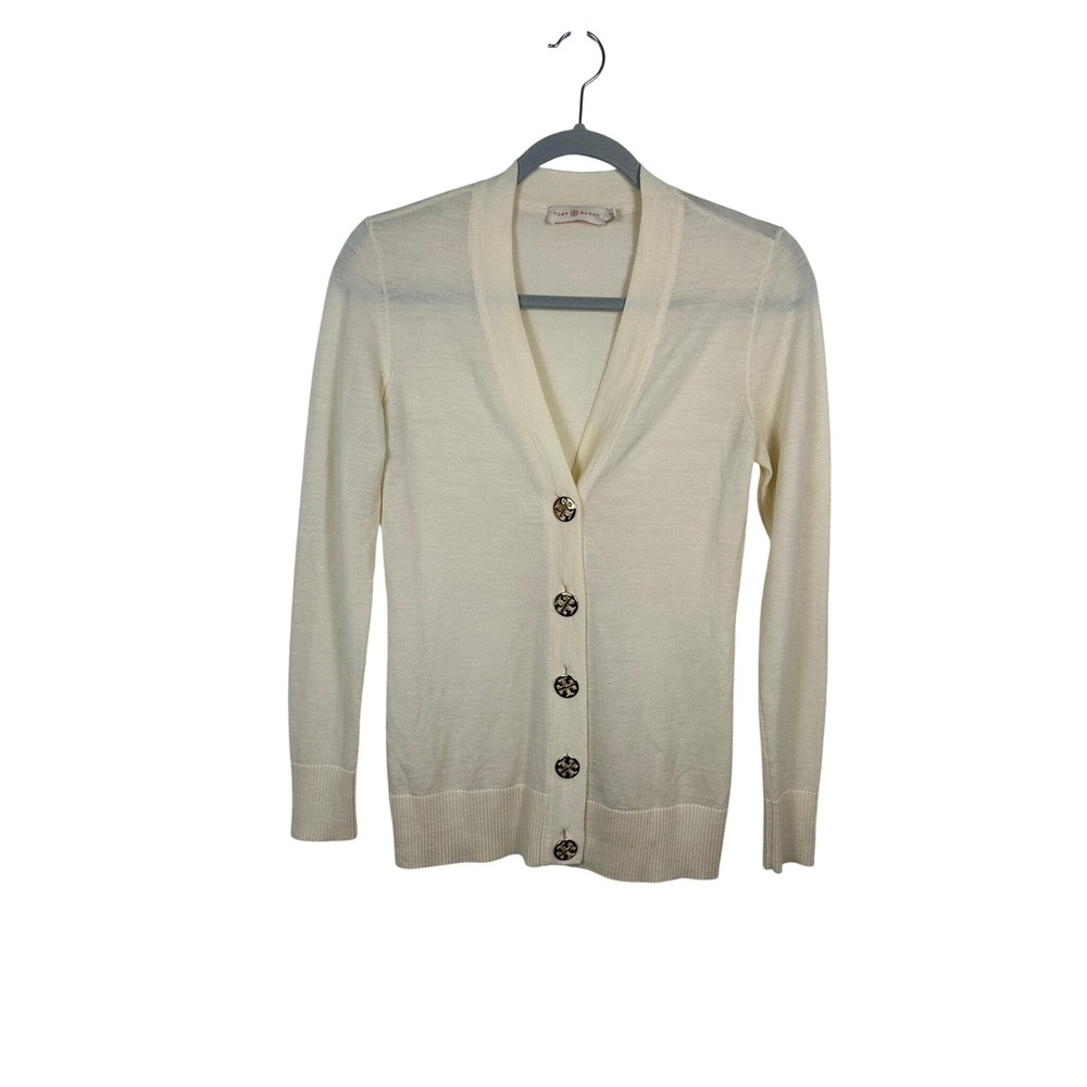 Tory Burch Simone Cardigan Women XS Cream Good Logo Button V-Neck Knit